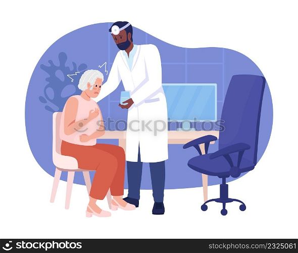 Panic attack at hospital 2D vector isolated illustration. Doctor reassuring patient flat characters on cartoon background. Senior woman terrified colourful scene for mobile, website, presentation. Panic attack at hospital 2D vector isolated illustration