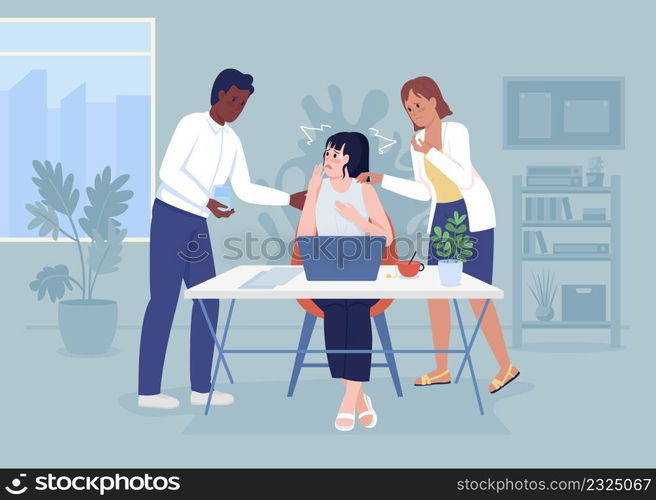 Panic attack at office flat color vector illustration. Reassuring colleagues. Mental health. Woman experiences stress at work 2D simple cartoon characters with workspace on background. Panic attack at office flat color vector illustration