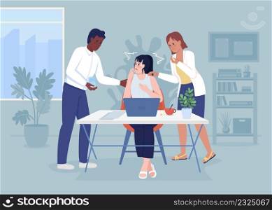 Panic attack at office flat color vector illustration. Reassuring colleagues. Mental health. Woman experiences stress at work 2D simple cartoon characters with workspace on background. Panic attack at office flat color vector illustration