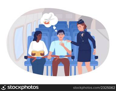 Panic attack during flight 2D vector isolated illustration. Man scared in plane flat characters on cartoon background. Reassuring air hostess colourful scene for mobile, website, presentation. Panic attack during flight 2D vector isolated illustration