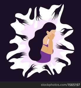 Panic attack of woman concept vector. Fear reaches out to a sad, crying woman. Depression, sadness, mental health illustration in flat style.. Panic attack of woman concept vector. Fear reaches out to a sad, crying woman. Depression, sadness, mental health illustration in a flat style.