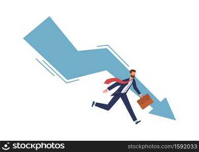 Panic businessman try stopping falling arrow. Business bankruptcy and unpaid loan debt company startup collapse, losing money and financial problem economic crisis concept vector illustration on white. Panic businessman try stopping falling arrow. Business bankruptcy and unpaid loan debt company startup collapse, financial problem economic crisis concept vector illustration on white