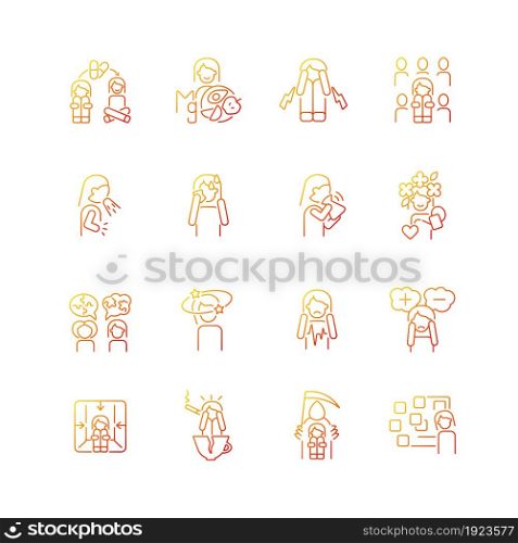 Panic disorder gradient linear vector icons set. Symptoms and treatment. Anxiety and panic attack. Mental problems. Thin line contour symbols bundle. Isolated outline illustrations collection. Panic disorder gradient linear vector icons set