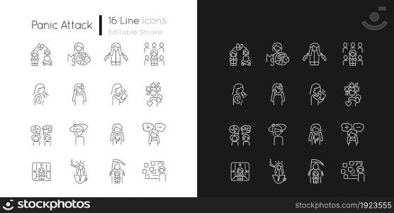 Panic disorder linear icons set for dark and light mode. Symptoms and treatment. Phobias and fears. Customizable thin line symbols. Isolated vector outline illustrations. Editable stroke. Panic disorder linear icons set for dark and light mode