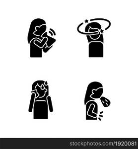 Panic disorder symptoms black glyph icons set on white space. Nausea and dizziness. Anxiety and stress signs. Mental disorders. Hot flushes. Silhouette symbols. Vector isolated illustration. Panic disorder symptoms black glyph icons set on white space