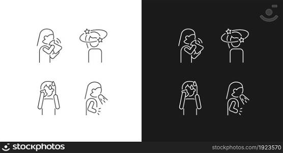 Panic disorder symptoms linear icons set for dark and light mode. Nausea and dizziness. Mental disorders. Customizable thin line symbols. Isolated vector outline illustrations. Editable stroke. Panic disorder symptoms linear icons set for dark and light mode
