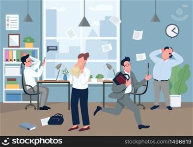 Panic in office flat color vector illustration. Company employee with panic attack 2D cartoon character with stressed coworkers on background. Stressful situation, mass hysteria. Business crisis. Panic in office flat color vector illustration