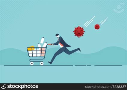 Panic man running in fear with full of consumer goods product, medicine in shopping cart because Coronavirus or COVID-19 outbreak crisis. Vector illustration design.