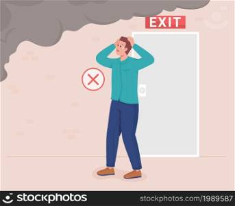 Panic of fire emergency flat color vector illustration. Behavior to avoid during life endangering situation. Person Stressed man looking at smoke 2D cartoon characters with fire exit on background. Panic of fire emergency flat color vector illustration