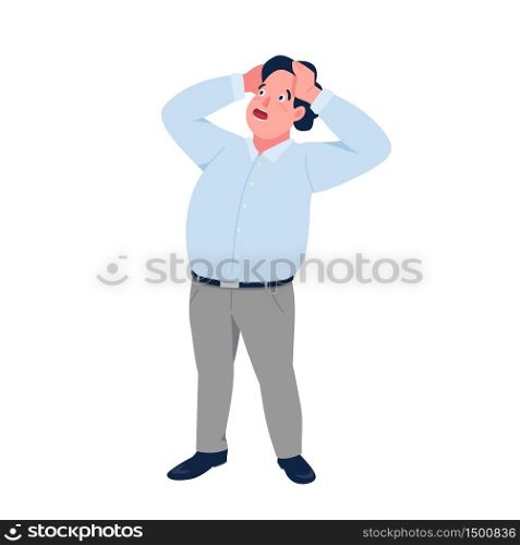 Panicking businessman flat color vector detailed character. Shocked office worker holding on head isolated cartoon illustration for web graphic design and animation. Panic attack, stress at work. Panicking businessman flat color vector detailed character