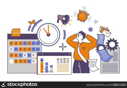 Panicking businessman or employee looking at deadlines and huge workload. Business organization failing to do things on time. Man with document and emails, calendars and meetings. Vector in flat style. Deadlines and heavy workload, manager panicking