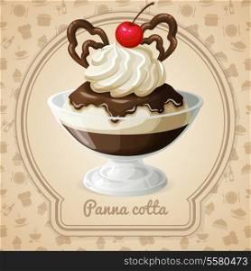 Panna cotta dessert with chocolate syrup and cherry emblem and food cooking icons on background vector illustration