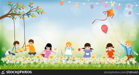 Panorama grass field with group of children playing kite, swing, balloon and picking flower on sunny day summer,Vector cute cartoon nature landscape with active Boys and Girls playing in spring field