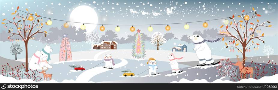 Panorama landscape of winter at night,Vector horizontal banner of winter wonderland at countryside with snow, Christmas trees with decoration and polar bears,Merry Christmas and New Year background