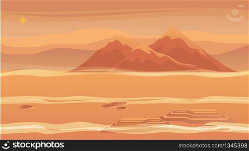 Panorama Mountain Landscape Red Planet Surface. Vector Illustration Landscape Mars. Bright Star Above Surface Mars. Sandy Desert. Planet without Sign Life. Scientific Space Learning New World
