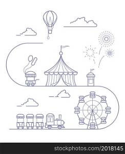 Panorama of an amusement park with a ferris wheel, circus, rides, balloon, bouncy castle. Landscape of urban park. Contour line art vector illustration. Panorama of an amusement park with a ferris wheel, circus, rides, balloon, bouncy castle. Landscape of urban park. Outline vector illustration