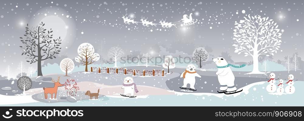 Panorama of winter landscape at night,Vector illustration of horizontal banner of winter wonderland at countryside with snow falling farm house,hills,trees and cute polar bear on ice skates,