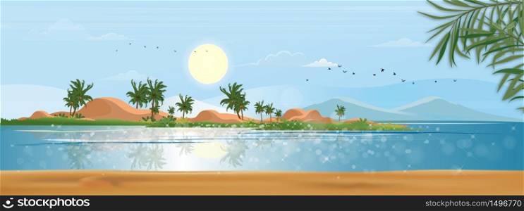 Panorama view Tropical seascape of blue ocean and coconut palm tree on island, Panoramic Sea beach and sand with blue sky,Vector illustration flat style nature of landscape seaside for Summer holiday