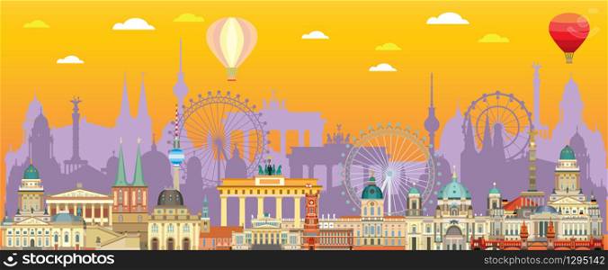 Panoramic Berlin skyline travel illustration with main architectural landmarks in flat style. Berlin city landmarks front view, colorful German tourism and journey vector background. Stock illustration
