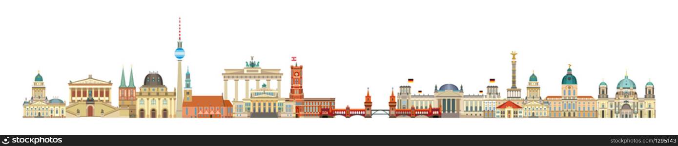 Panoramic Berlin skyline travel illustration with main architectural landmarks in flat style isolated on white background. Berlin city landmarks front view, colorful German tourism and journey concept. Stock illustration