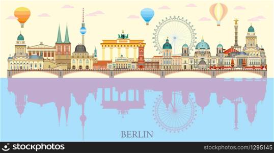 Panoramic Berlin skyline travel illustration with main architectural landmarks with reflection in water in flat style. Berlin city landmarks front view, colorful German tourism and journey concept. Stock illustration