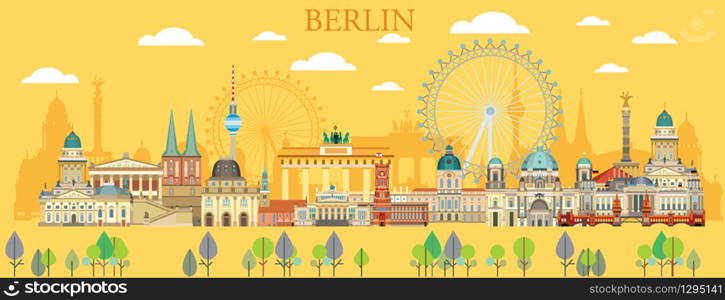 Panoramic colorful Berlin travel illustration with architectural landmarks in summer yellow background. Front view Berlin traveling concept. Horizontal flat illustration of Berlin cityscape. Stock illustration