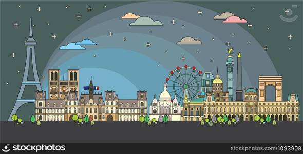 Panoramic line art style Paris City Skyline by night. Colorful vector illustration. Vector silhouette Illustration of landmarks of Paris, France. Paris vector icon.