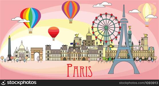 Panoramic line art style Paris City Skyline by sunrise. Romantic colorful vector illustration on pink background. Vector silhouette Illustration of landmarks of Paris, France. Paris vector icon.