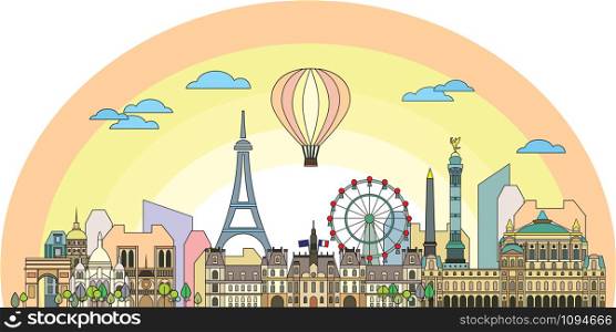 Panoramic line art style Paris City Skyline by sunrise. Colorful vector illustration. Vector silhouette Illustration of landmarks of Paris, France. Paris vector icon.