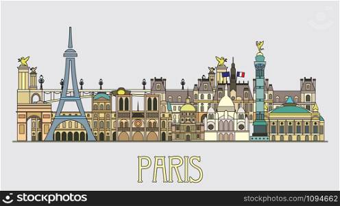 Panoramic line art style Paris City Skyline. Colorful isolated vector illustration. Vector silhouette Illustration of landmarks of Paris,France. Paris vector icon.