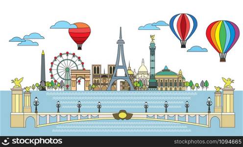 Panoramic line art style Paris City Skyline. Colorful isolated vector illustration. Vector silhouette Illustration of landmarks of Paris,France. Paris vector icon.