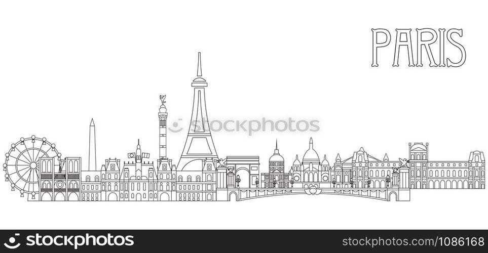 Panoramic line art style Paris City Skyline vector Illustration in black color isolated on white background. Vector silhouette Illustration of landmarks of Paris,France. Paris vector icon. Paris building outline.