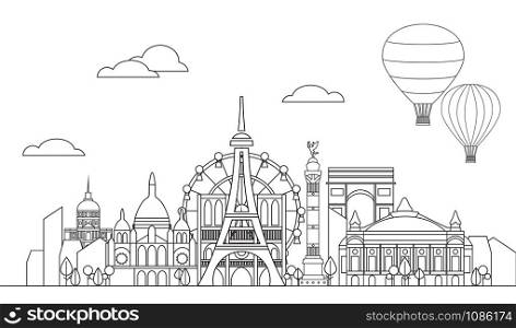 Panoramic line art style Paris City Skyline vector Illustration in black color isolated on white background. Vector silhouette Illustration of landmarks of Paris,France. Paris vector icon. Paris building outline.