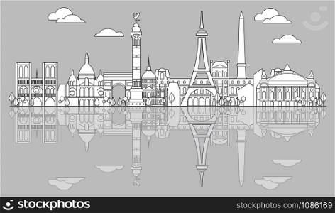 Panoramic line art style Paris City Skyline with reflection. Vector illustration in black color isolated on white background. Vector illustration of landmarks of Paris,France. Paris vector icon. Paris building outline.