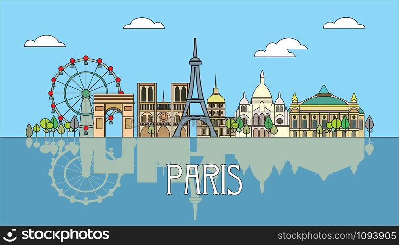 Panoramic line art style Paris City Skyline with reflection. Colorful isolated vector illustration. Vector silhouette Illustration of landmarks of Paris,France. Paris vector icon.