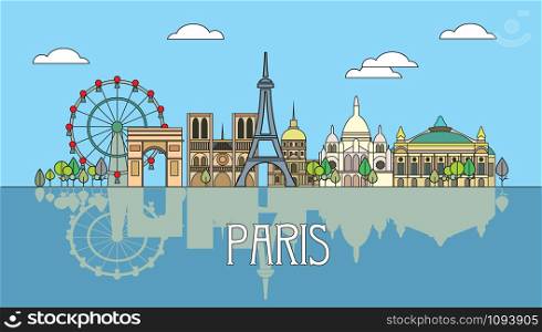 Panoramic line art style Paris City Skyline with reflection. Colorful isolated vector illustration. Vector silhouette Illustration of landmarks of Paris,France. Paris vector icon.