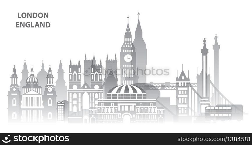 Panoramic London skyline travel illustration with main architectural landmarks. Worldwide traveling concept. London city landmarks, monochrome gradient english tourism and journey vector background.