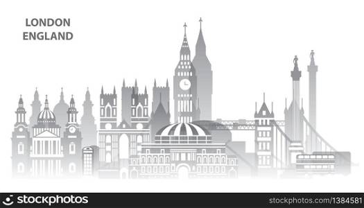 Panoramic London skyline travel illustration with main architectural landmarks. Worldwide traveling concept. London city landmarks, monochrome gradient english tourism and journey vector background.