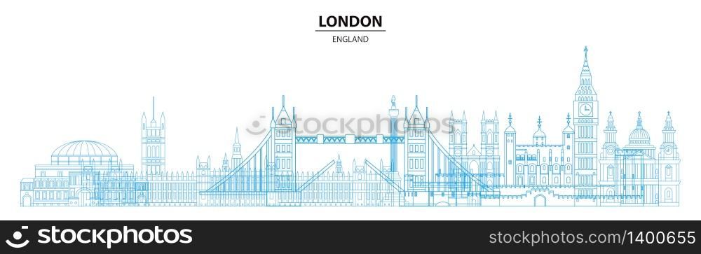 Panoramic London travel design with architectural landmarks in line art style. Monochrome flat illustration, English tourism and journey vector background. Front view London traveling concept.