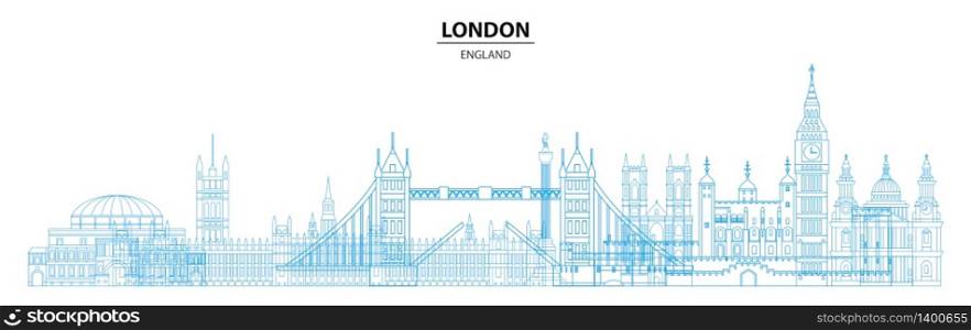 Panoramic London travel design with architectural landmarks in line art style. Monochrome flat illustration, English tourism and journey vector background. Front view London traveling concept.