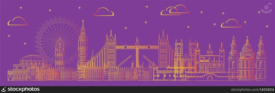 Panoramic London travel illustration with architectural landmarks in line art style. Flat illustration, English tourism and journey vector background. Front view London traveling concept.