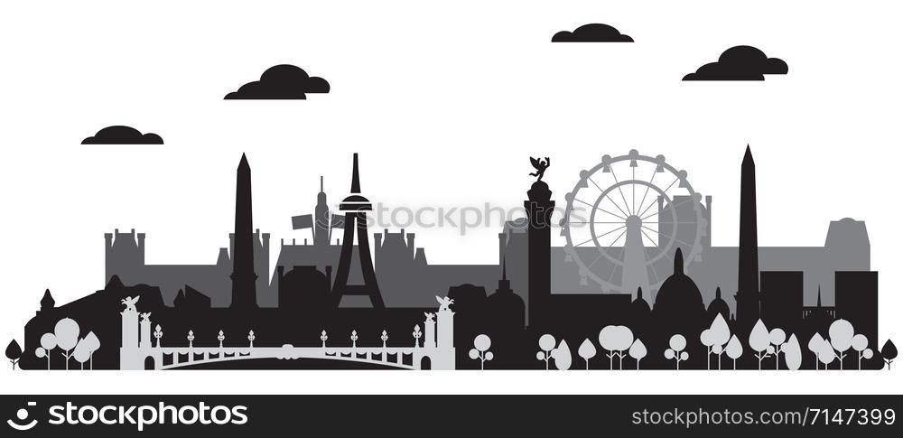 Panoramic monochrome Paris City Skyline silhouette vector Illustration in black and grey colors isolated on white background. Vector silhouette Illustration of landmarks of Paris, France.