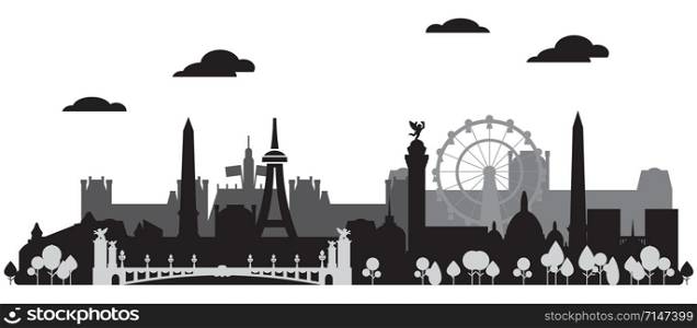 Panoramic monochrome Paris City Skyline silhouette vector Illustration in black and grey colors isolated on white background. Vector silhouette Illustration of landmarks of Paris, France.