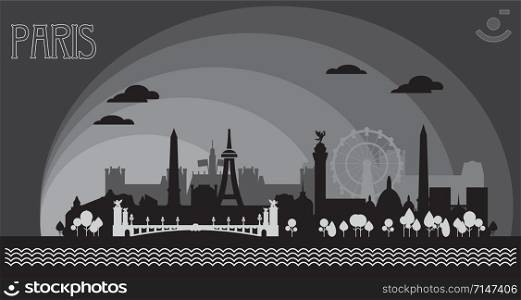 Panoramic monochrome Paris City Skyline silhouette vector Illustration in black and grey colors isolated on grey background. Vector silhouette Illustration of landmarks of Paris, France.