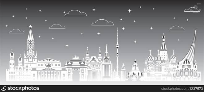 Panoramic Moscow landmarks skyline travel illustration in night time. Worldwide traveling concept. Moscow city landmarks, monochrome russian tourism and journey vector background.