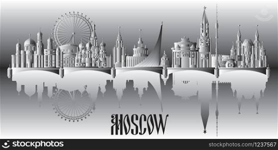 Panoramic Moscow landmarks skyline travel illustration with reflection. Worldwide traveling concept. Moscow city landmarks, monochrome gradient russian tourism and journey vector background.