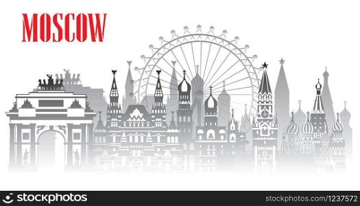 Panoramic Moscow skyline travel illustration with main architectural landmarks. Worldwide traveling concept. Moscow city landmarks, monochrome gradient russian tourism and journey vector background.