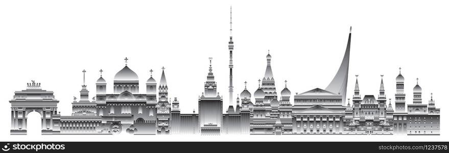 Panoramic Moscow skyline travel illustration with main architectural landmarks. Worldwide traveling concept.Moscow city landmarks in black and white gradient colors.Russian tourism and journey vector background.