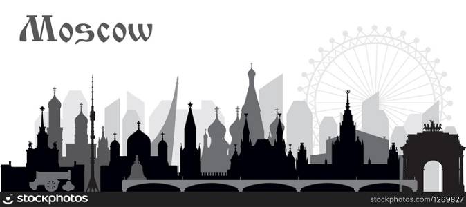 Panoramic Moscow skyline travel illustration with main architectural landmarks. Worldwide traveling concept. Moscow city landmarks, monochrome russian tourism and journey vector background.