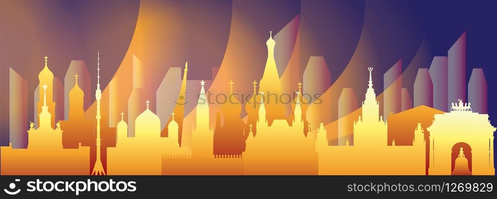 Panoramic Moscow skyline travel illustration with main architectural landmarks. Worldwide traveling concept. Moscow city landmarks, colorful gradient russian tourism and journey vector background.